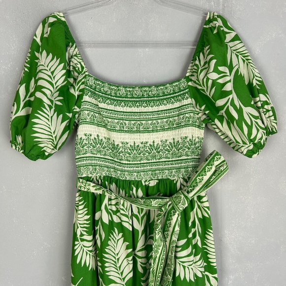 Aura maxi dress size M square neck puff sleeve Kelly green leaf print cotton - Picture 3 of 12